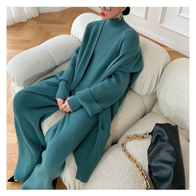 【３点セット】リブニットセーター＋ニットパンツ＋ワイドカーディガン スリーピース ニットアップ リブニット セットアップ レディース カジュアル. 秋冬 ４カラー a3734