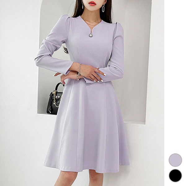 ワンピース レディース 長袖 フレア タイト 膝丈 Vネック パブスリーブ ハイウエスト 上品 きれいめ 春 秋 韓国 to27109