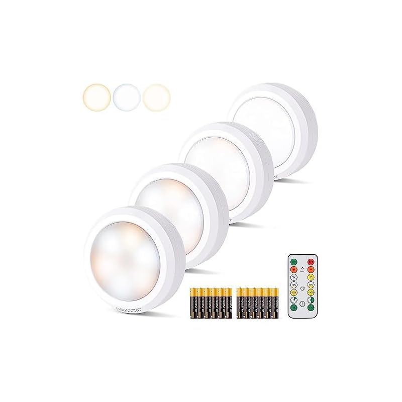LEDライト 4個セット 電池式 キッチンライト HOLKPOILOT 明るさ調整 昼光色/電球色/温白色 切タイマーで自動消灯 リモコン付き LEDライト 小型 電池式 手元ライト 直径9cm 単3