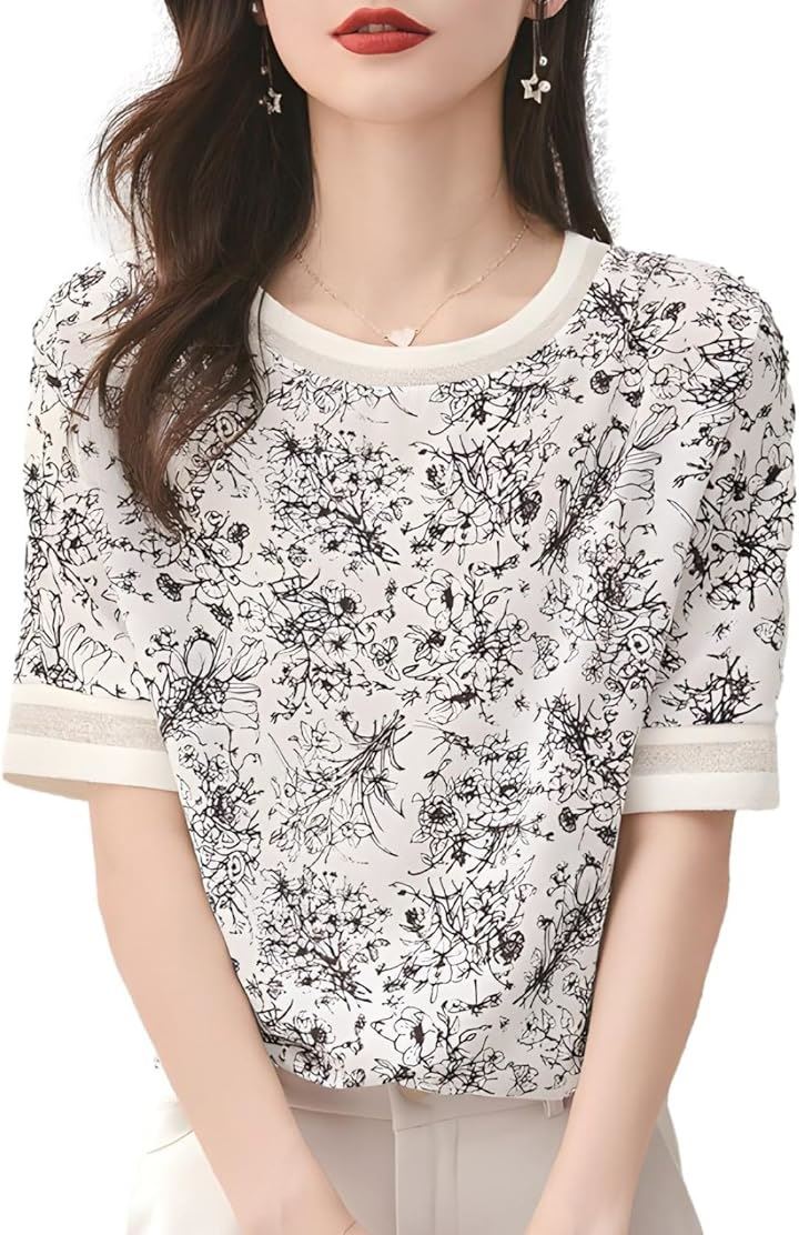 ボタニカル柄Tシャツ シフォンブラウス オフィスカジュアル 手書き風プリント クール ホワイト JS83-WH-XL(XL)