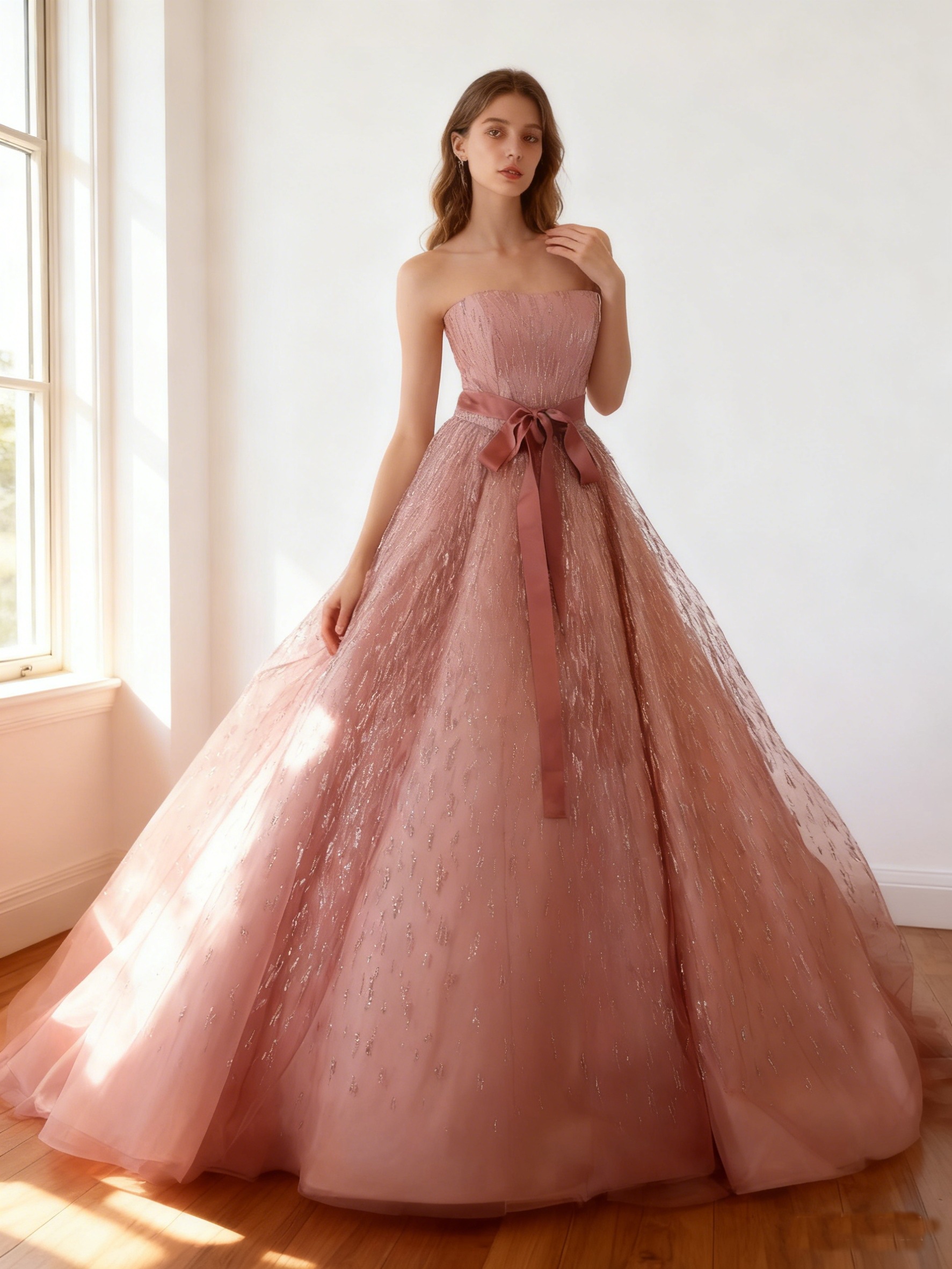 カラードレス くすみピンク キラキラ光る刺繍 サッシュベルト ビスチェドレス 色直し 結婚式