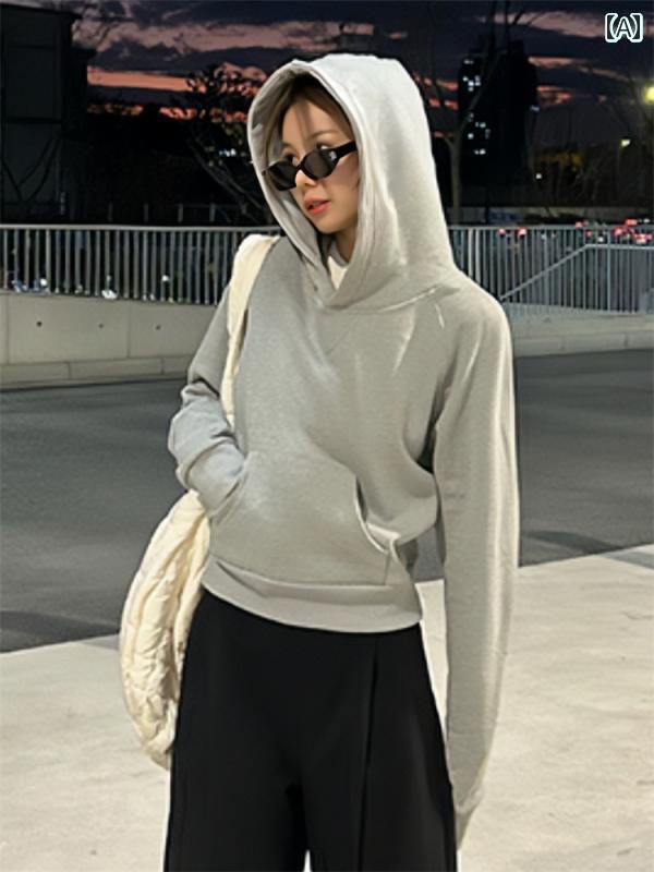 パーカー レディース 春 グレー フード スウェット 秋冬 ゆったり袖 ショート ポケット 長袖 スリムフィット カジュアル 重ね着 シンプル 無地 裏起毛 暖かい 厚手