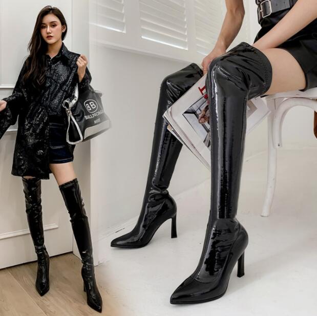 新品大人気 レディースブーツ　ニーハイブーツ　エナメル　9.5センチ　超ハイヒール　光沢　ロング丈　秋冬　春秋　サイハイブーツ　大きいサイズ　小さいサイズ　ピンヒール　スーパーロングブーツ ダンス　舞