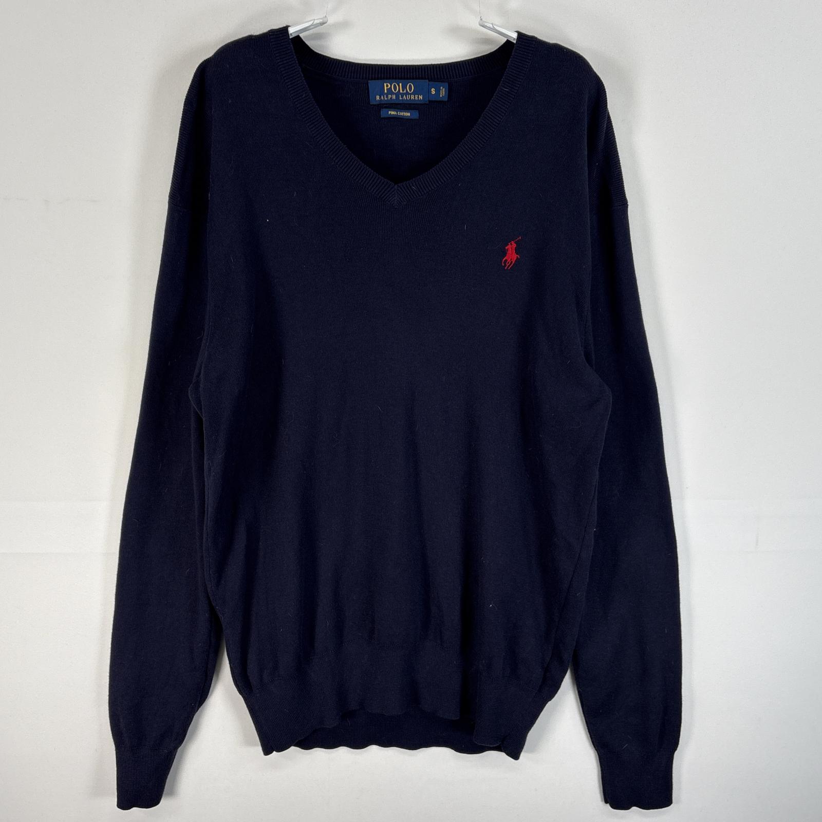 古着 長袖 セーター ロゴ 刺繍 Vネック S ネイビー 無地 メンズ