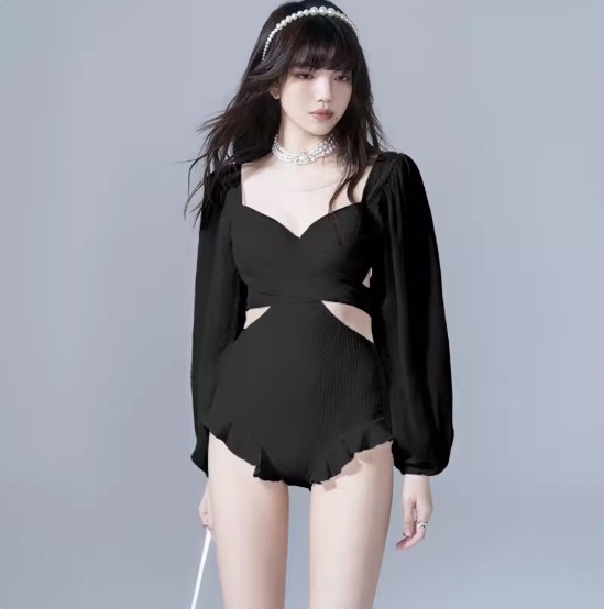 パフスリーブワンピース水着 二の腕カバー 長袖 ウエストマーク 透け感 伸縮性 かわいい 大人可愛い おしゃれ お洒落 女っぽ キュート ガーリー 個性的 無地 10代 20代 30代 レディース 女