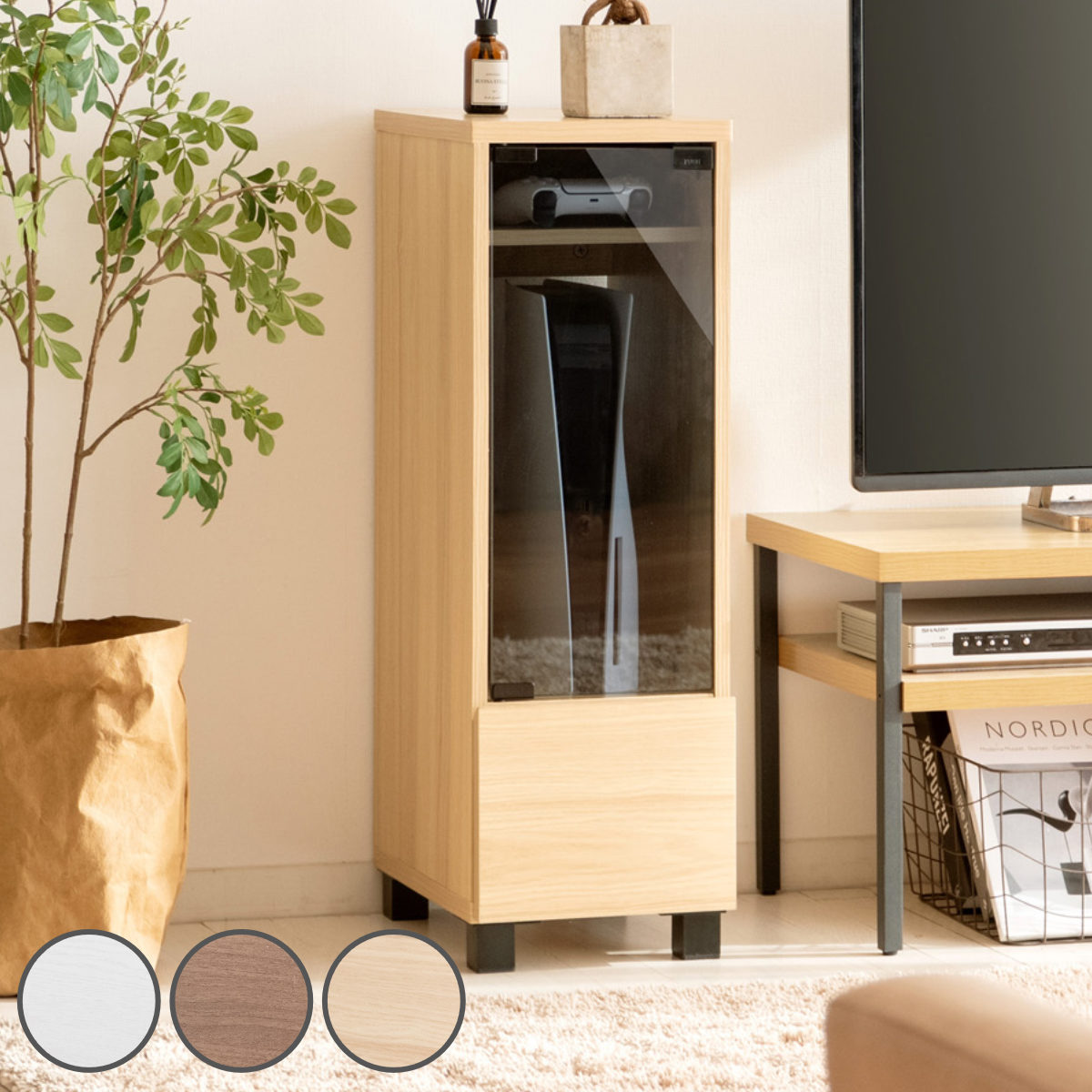 ゲーム機ラック ガラス扉 引出し付 REGABO 幅26cm ゲーミングラック ラック 棚 ゲーム機 収納 家具 ゲーム機収納ラック ゲームラック PS5対応 可動棚 シンプル 引き出し