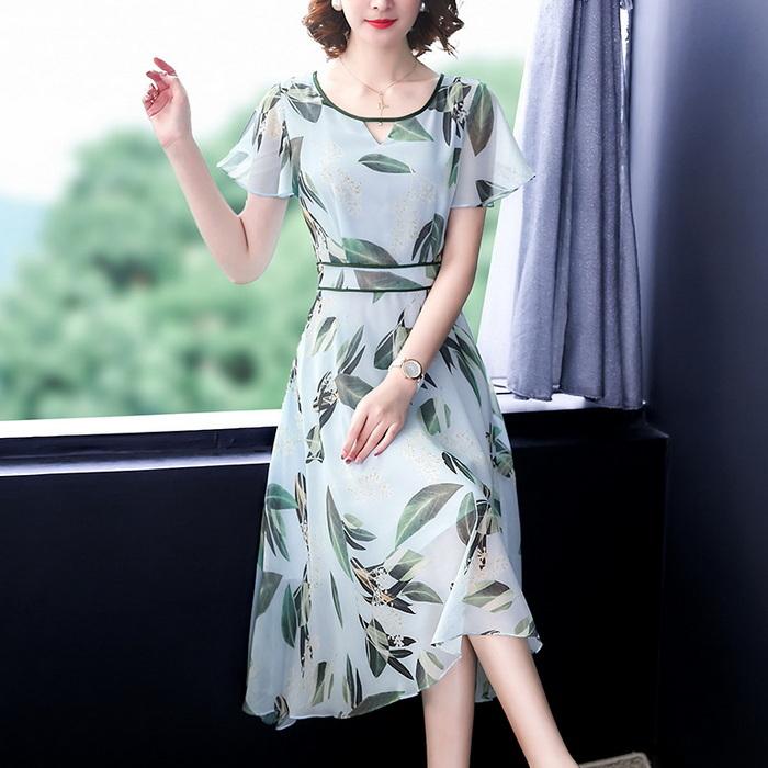ワンピース レディース膝丈ワンピース 春夏 半袖ワンピース きれいめ花柄シフォンフレアスカート 韓国風 オシャレ大きいサイズ 通勤 大人上品 30代50代