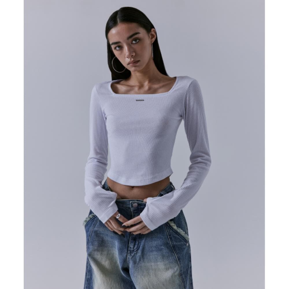 TREEMINGBIRD Square Neck Finger Hole Long Sleeve White