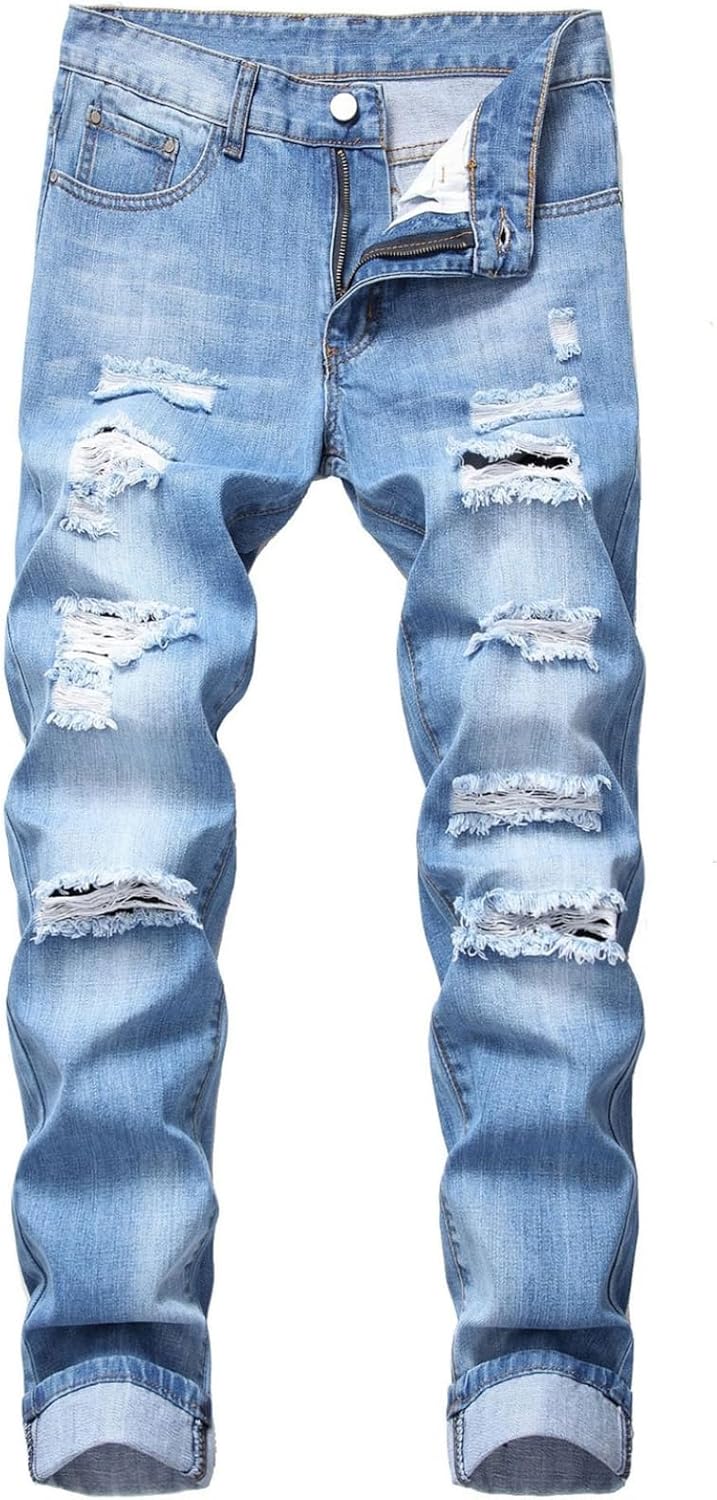 デニムパンツ ジーパン メンズ 細め ストレッチ ダメージ加工 オトコ ロングパンツ ボトムス 大人 かっこいい 個性 hiphop トレンド 厚い 立体裁断 軽量 ファッション 秋用 ウォッシュ加工 7,117円