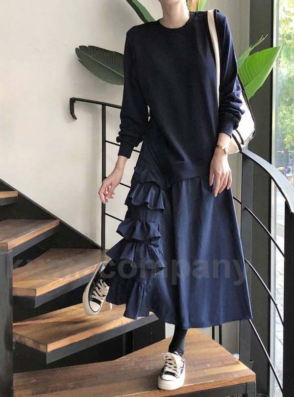 ドッキングワンピース アシンメトリー スウェット ワンピース トレーナー レディース 長袖 ロング ロングワンピース フリル Aライン フレア 大きいサイズ 黒 韓国 ファッション カジュアル 大人可