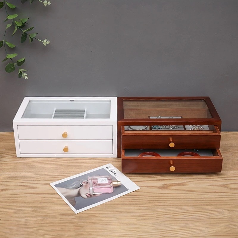 二層大容量アクセサリー箱手提げ木製アクセサリー収納箱ネックレス指輪時計アクセサリー箱