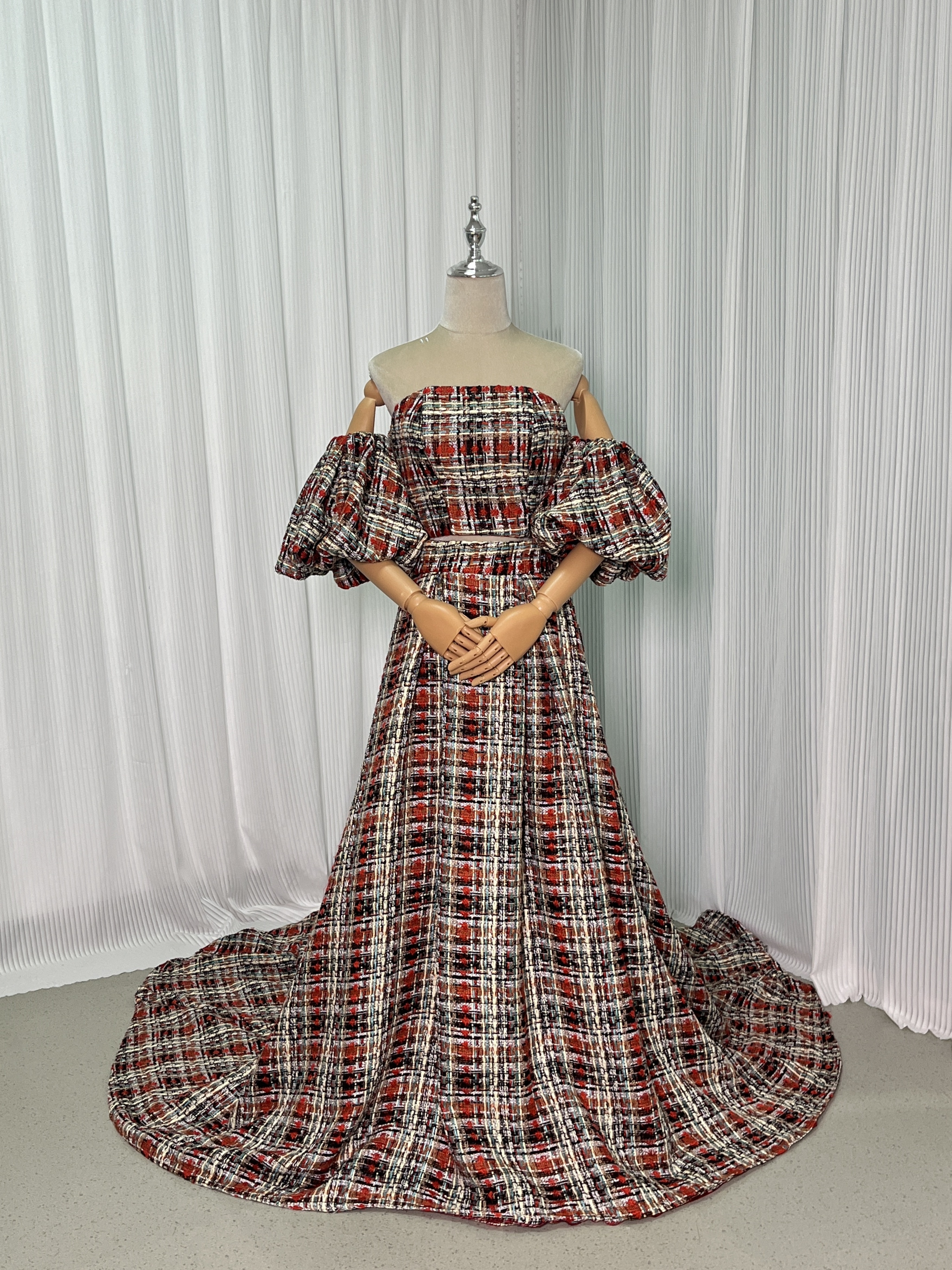 人気上昇！パーティードレス サーモンピンク パフスリーブ セパレート ツイードドレス 結婚式 前撮り