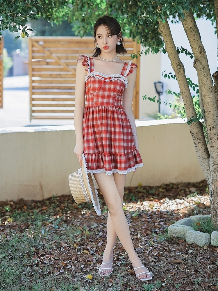 レトロフレンチレッドチェック柄水着レディースワンピーススカートコンサバガールやや太りmm大きいサイズスリムお腹カバー温泉新スタイル 4,780円