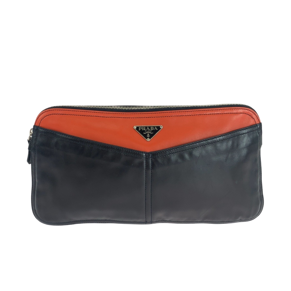 美品 三角ロゴプレート 男女兼用 ブラック オレンジ シルバー金具 レザー クラッチバッグ セカンドバッグ レディース 503535