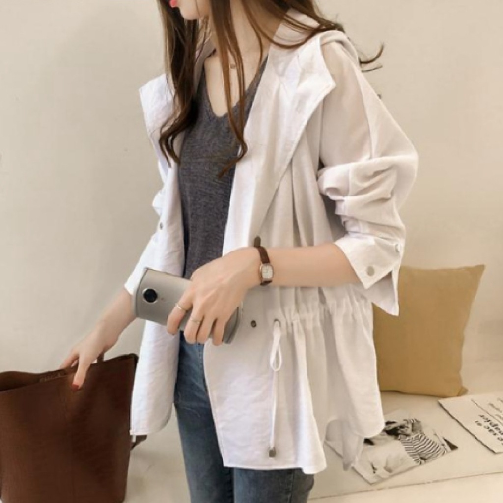 レディース ブルゾン アウター 上着 羽織 前開き ミディアム 膝上 ミドル丈 長袖 ラグランスリーブ フード オーバーサイズ ドロスト ボタン ギャザー 大人可愛い シンプル カジュアル j上品