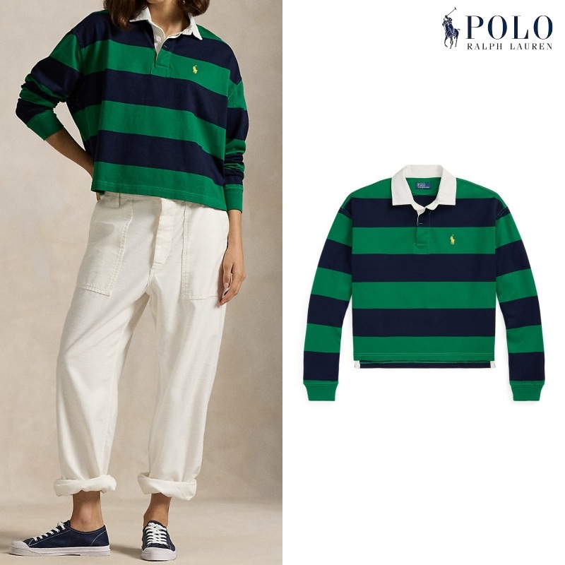 [ポロラルフローレン] ストライプ クロップ ジャージ ラグビー シャツ / GREEN