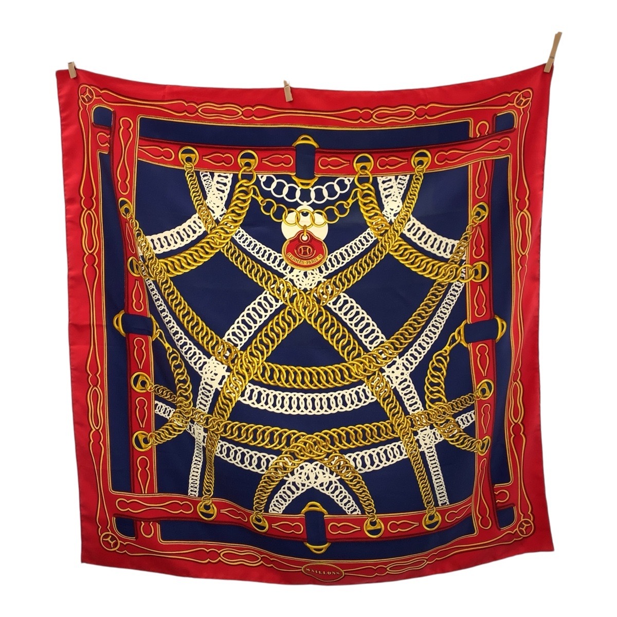 美品 MAILLONS カレ90 レッド ネイビー シルク スカーフ 大判スカーフ レディース 503925