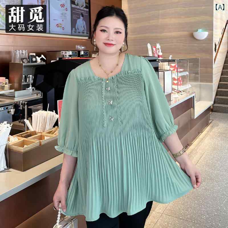 大きめサイズ レディース カジュアル ファッション 普段使い デート 女子会 婦人服 夏 ぽっちゃり プリーツ 衣装 レングス スクエアネック シフォンシャツ