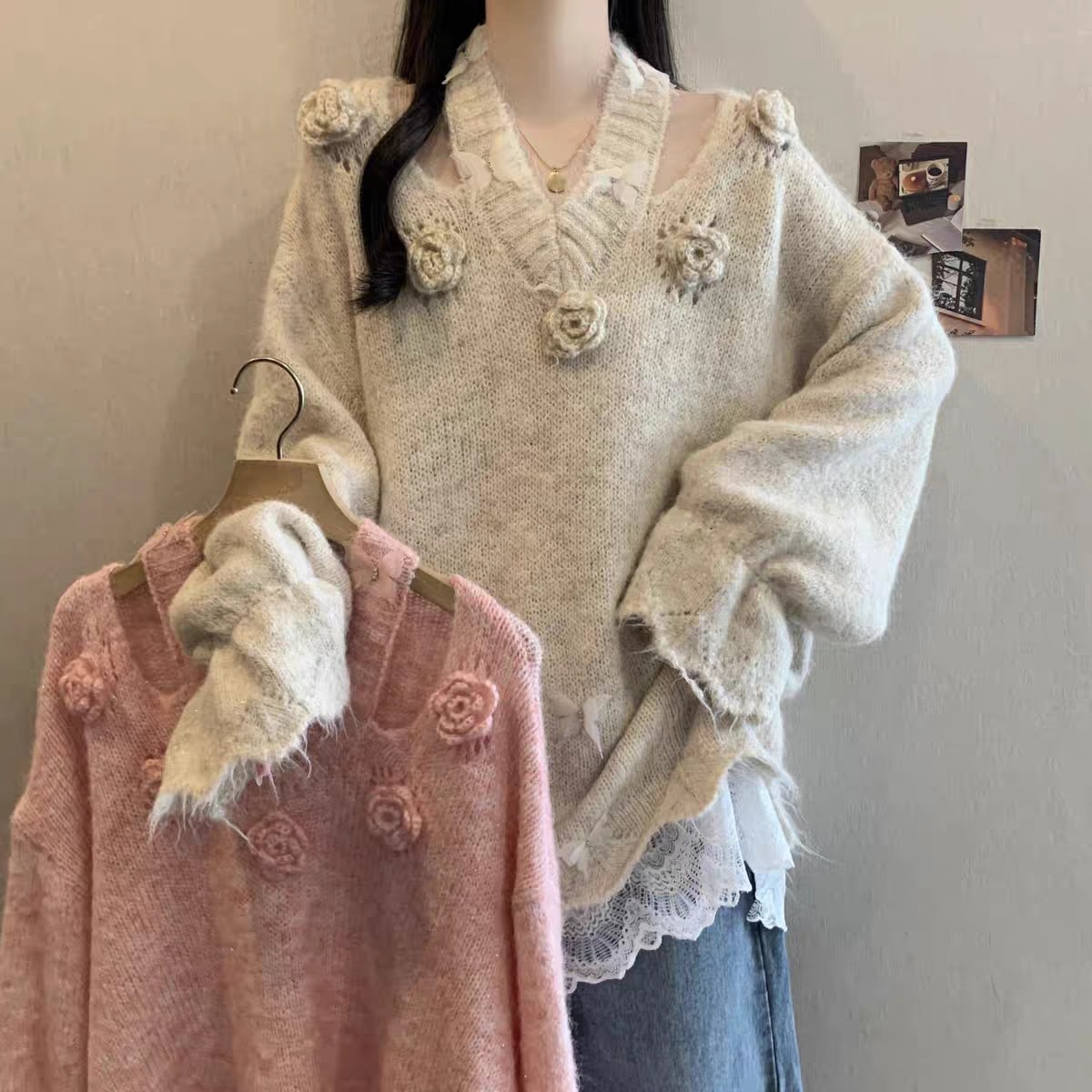 10個セット 2025秋冬キルティングネックス立体花蝶セーターヘッダーゆったりニットトップス女