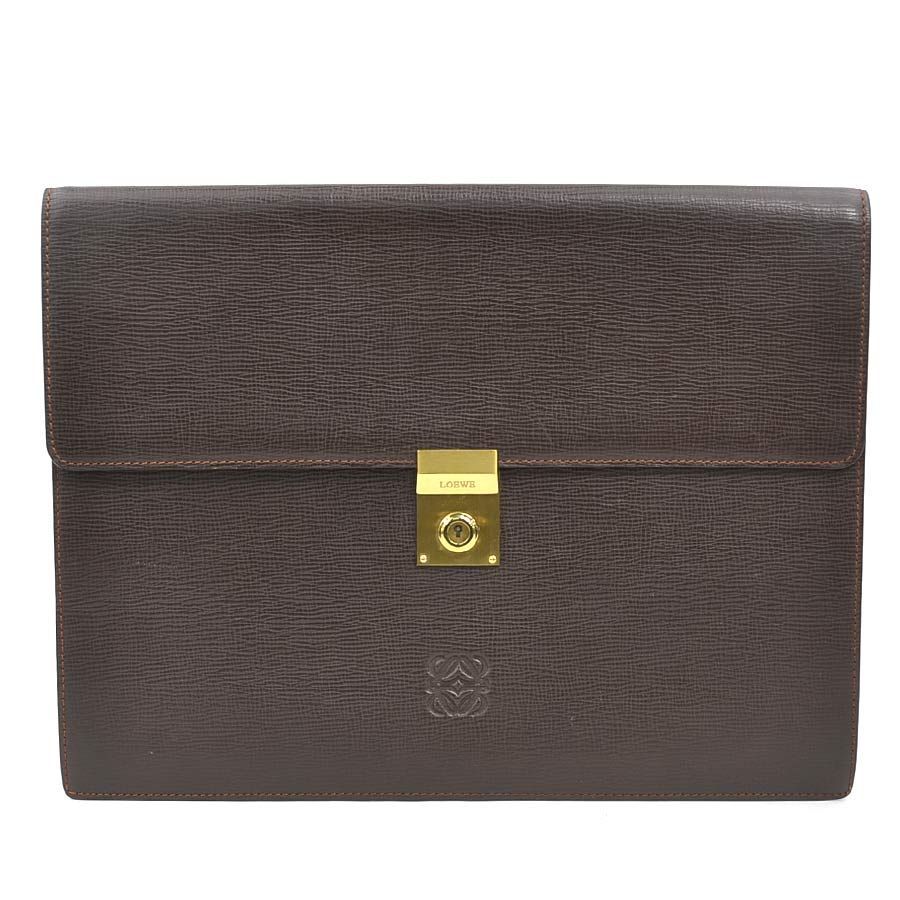 ロエベ LOEWE クラッチバッグ 書類ケース アナグラム レザー ダークブラウン ゴールド メンズ e61821c