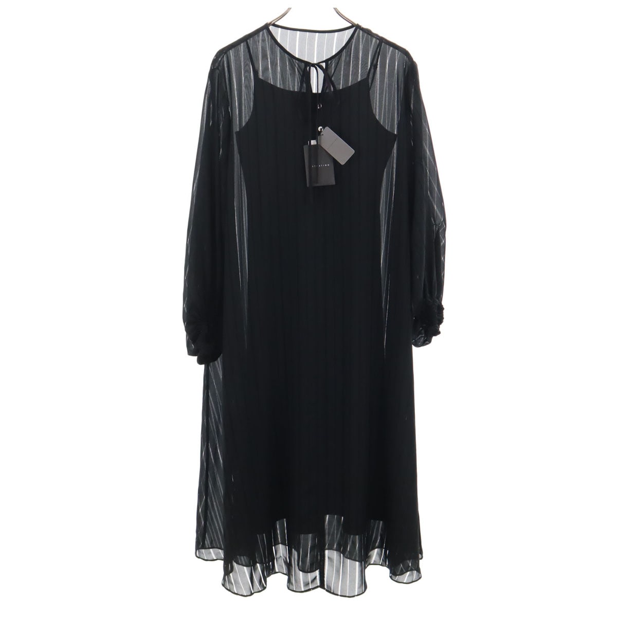 未使用 日本製 ストライプ柄 長袖 ロングワンピース 38 ブラック インナーキャミソール付き レディース 古着