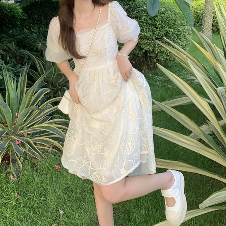 レディース 花柄ワンピース ミディアム丈 フラワー 刺繍 レース フレア ドレス ハイウエスト
