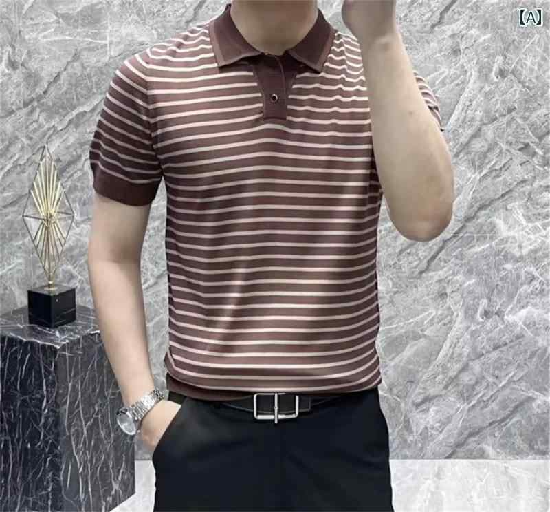 メンズ トップス 夏 冷感 ストライプ ポロシャツ カジュアル カラー ブロック 半袖 T シャツ 男性 スリム フィット