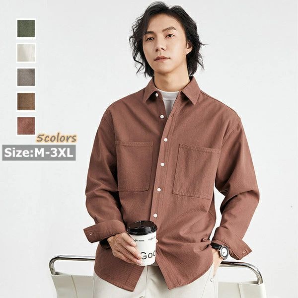 シャツジャケット メンズ　カジュアルシャツ 無地 シャツ 長袖 ビッグシルエット メンズ ミリタリーシャツ 開襟 おしゃれ トップス 春秋 大人 通勤 通学 ジャケット
