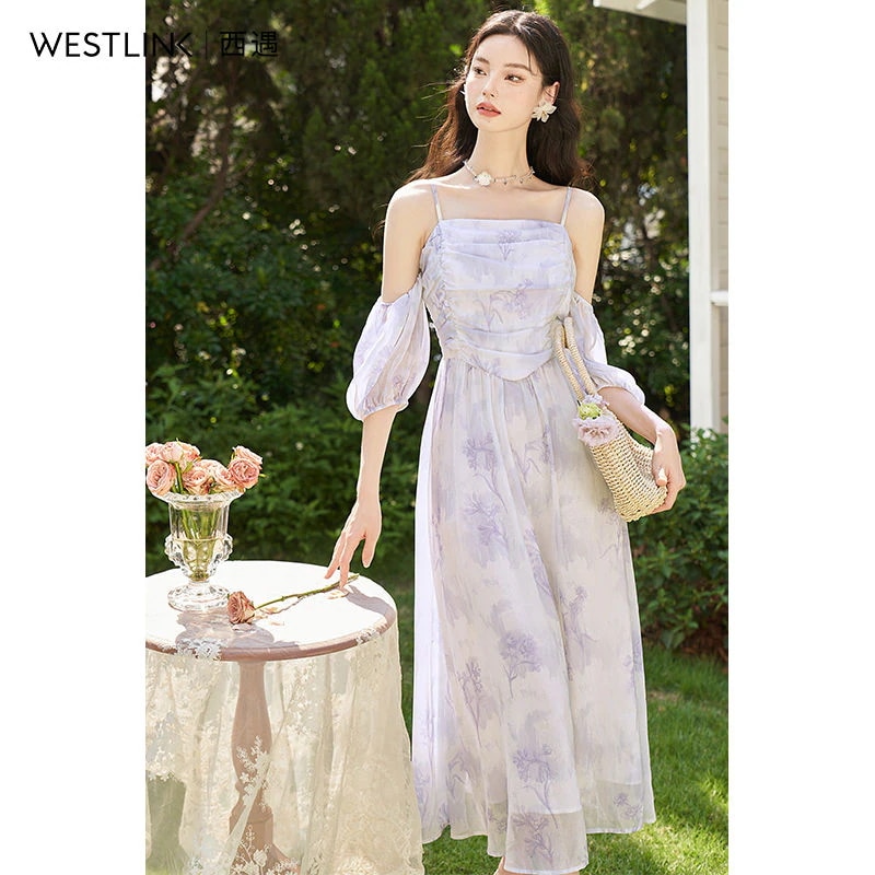 【急速出荷!】ラベンダー色 フラワープリント ホルターネックワンピース 2025夏 フレンチエレガント フェアリーデザイン ワンピース ワンピース レディース ロングワンピース ワンピース 夏 パーテ