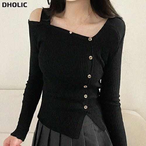 リブストレッチアンバランスネック長袖スリムフェイクボタンニット・1953379