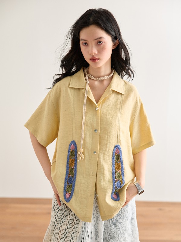 レトロリネン半袖シャツ女性のための 2024 新しい夏のデザインのシャツジャケット 7,825円