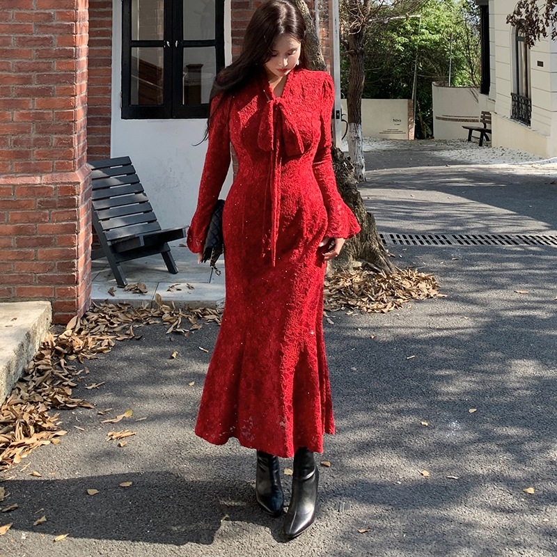 【ぽっちゃり】 大きいサイズ XL-5XL 新年 ワンピース セクシー レッド レース マーメイド ワンピース フォーマル パーティー ドレス お呼ばれ 演奏会 成人式 同窓会 卒業式 キャバ メガ割