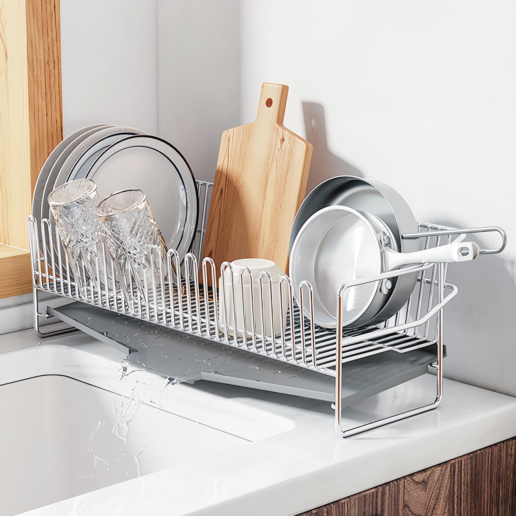 ANDWINT 水切りラック ステンレス鋼 水切りカゴ スリム 大容量 幅51×奥行21×高さ18cm 台所 キッチン収納 食器乾燥ラック 水切りバスケット シンク上 皿立て 水切りトレー 排水ラック