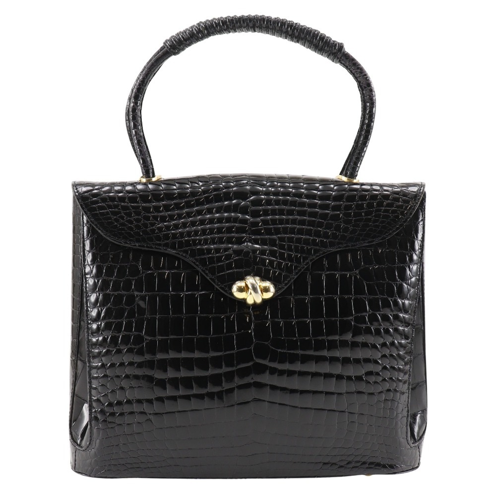 ワンハンドル GB G BORRI ハンドバッグ クロコダイル 黒 レディース 中古品