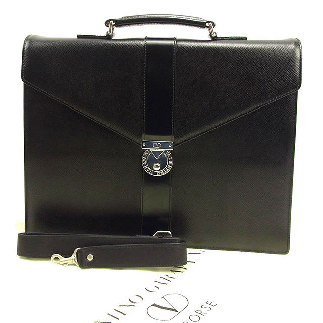 ビジネスバッグ ブリーフケース ロゴプレート ブラック シルバー 中古