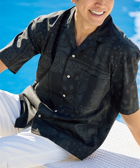 カジュアルシャツ オーバーサイズ綿１００％オープンカラー5分袖アロハシャツ バンダナ柄