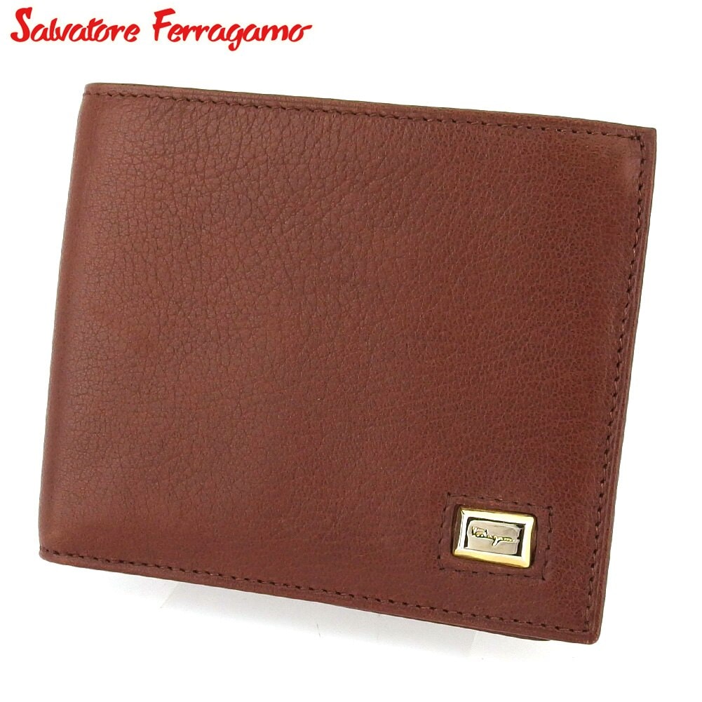 二つ折り 札入れ ミニ札入れ ロゴプレート メンズ ブラウン シルバー ゴールド 中古