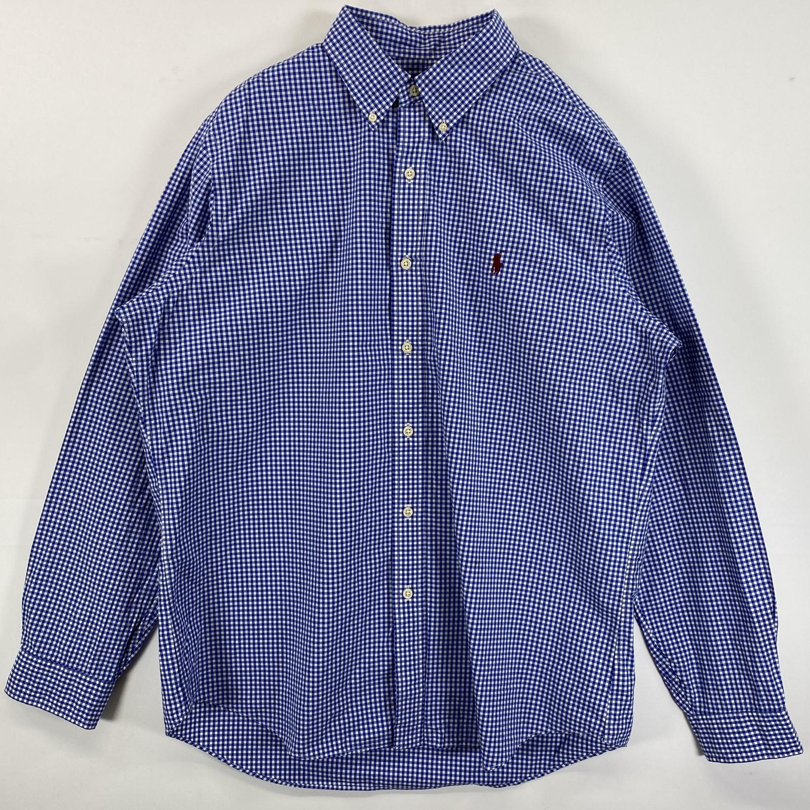 古着 長袖シャツ ボタンダウン ロゴ刺繍 ワンポイント L ブルー系 チェック メンズ