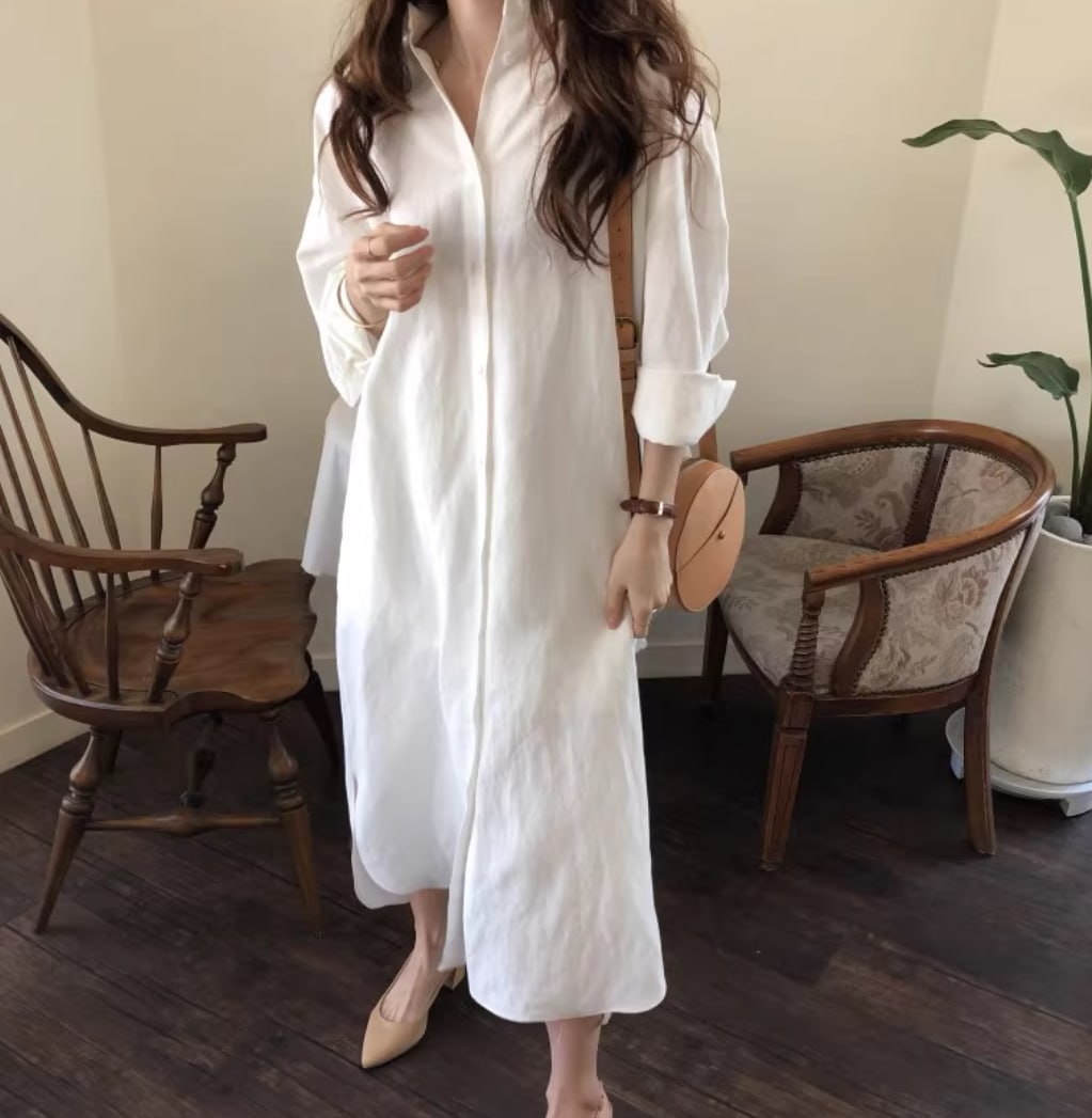 ワンピース レディース シャツワンピ ロング マキシ 長袖 襟付き ワイド Iライン フェミニン かわいい 大人可愛い きれいめ シンプル カジュアル 上品 おしゃれ ガーリー モード系 エレガント