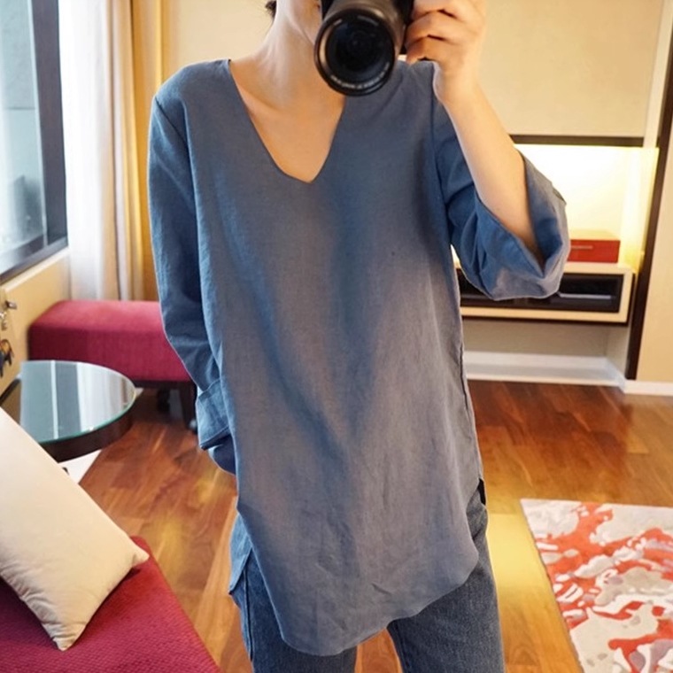レディース トップス ロンT シャツ プルオーバー 7分袖 Vネック 襟なし ワイド スリット サイドスリット 薄手 リネン コットン かわいい 大人可愛い きれいめ シンプル カジュアル おしゃれ