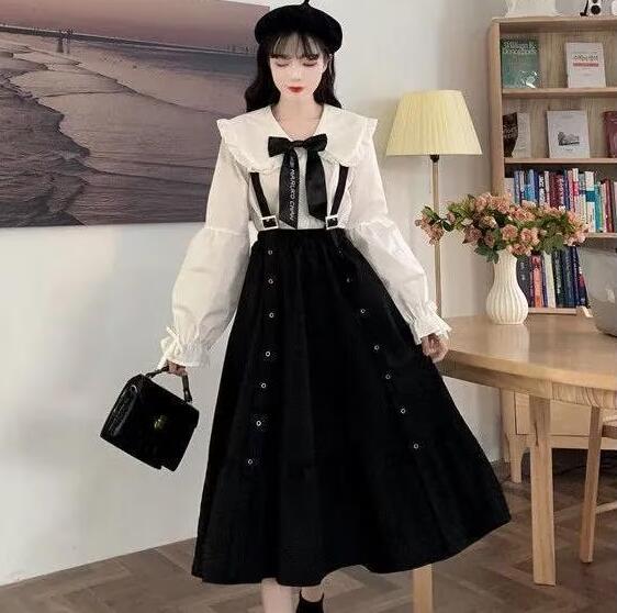 【送料無料】カレッジスタイルの春のスウィートボウシャツ+韓版ストラップドレス女子学生Aラインスカートワンピース-q250327-2710