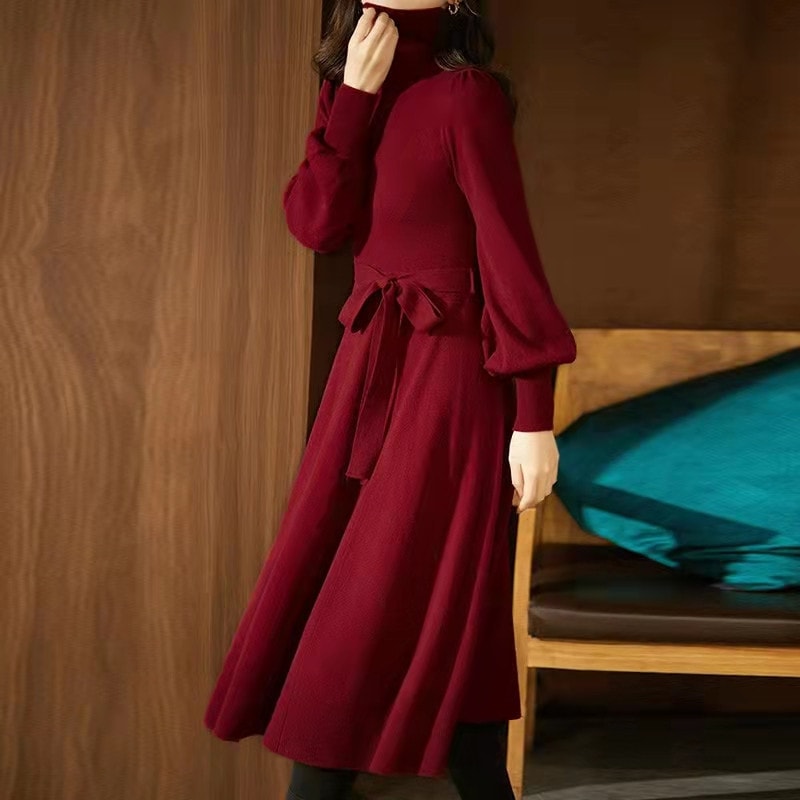 ファッション高襟赤いニットワンピース秋冬年新作女性気質女神範ウエストセータースカート
