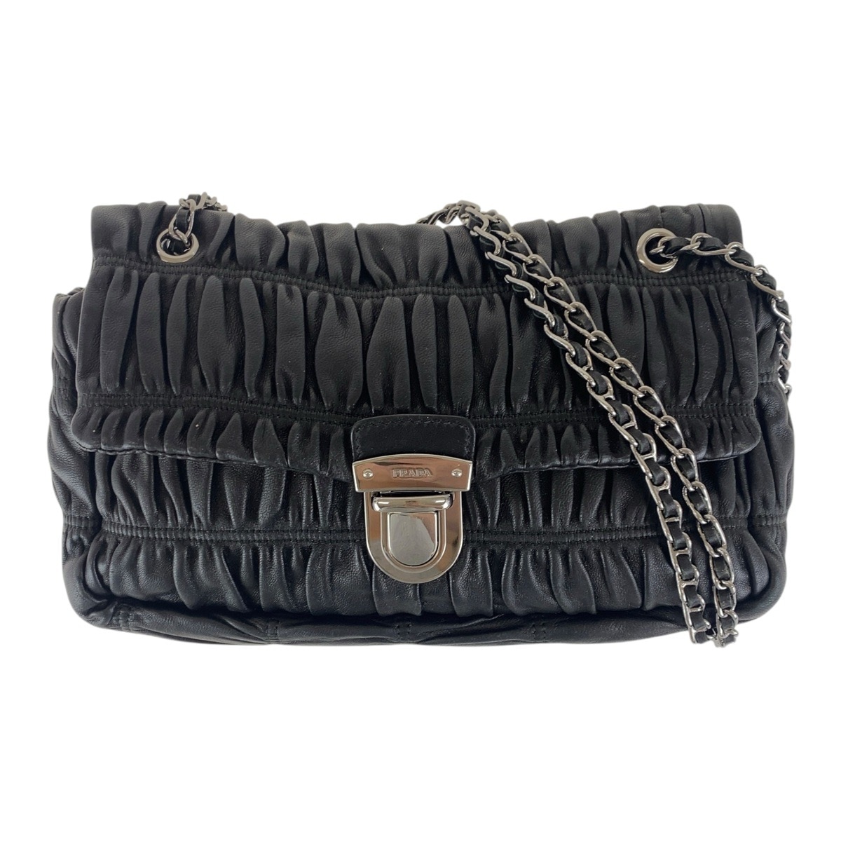 ブラック 黒 シルバー金具 レザー 斜め掛け チェーン ショルダーバッグ ギャザー レディース 501764