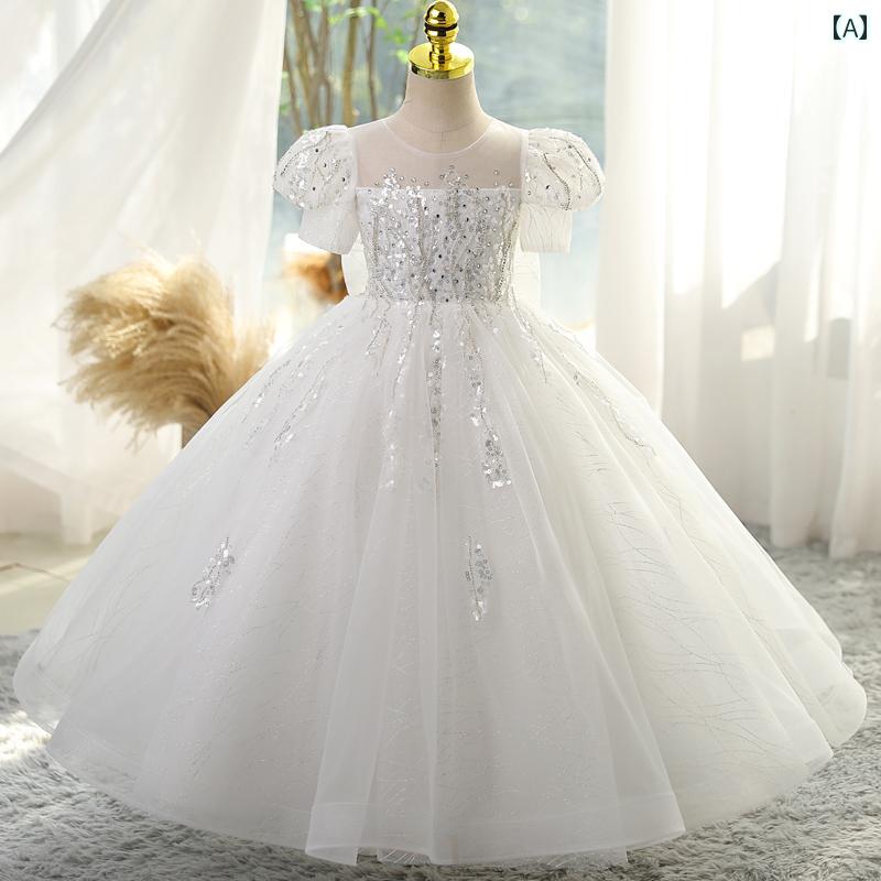 キッズ パーティードレス ジュニア ファッション フラワーガール ドレス 女の子 プリンセス ホワイト 誕生日 ウェディング メッシュ スパンコール キラキラ ステージ 衣装
