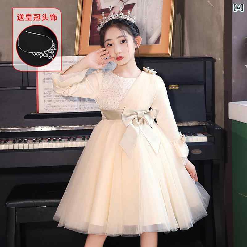 ドレス 女の子 ガール ミニ ドレス 春秋冬 春 長袖 子供 キッズ シフォン ボリューム パフスカート 少女 プリンセス お姫様 お誕生日会 パーティー お祝い 発表会 リボン 華やか 美しい