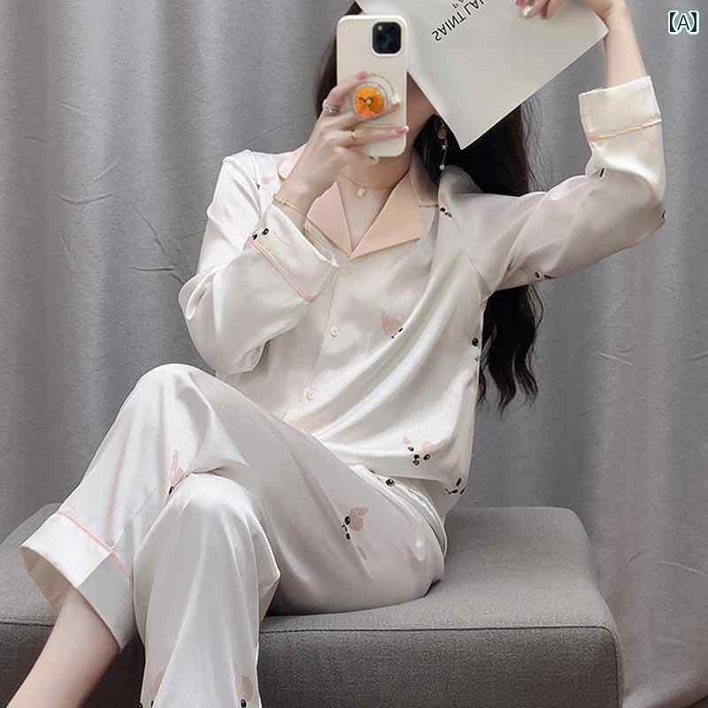 シルク　パジャマ　レディース ジャカード 子犬 シャツ パジャマ 女性 春秋 夏 長袖 スーツ 甘くて かわいい プリント 冷感 ホーム 服 薄手 5,949円