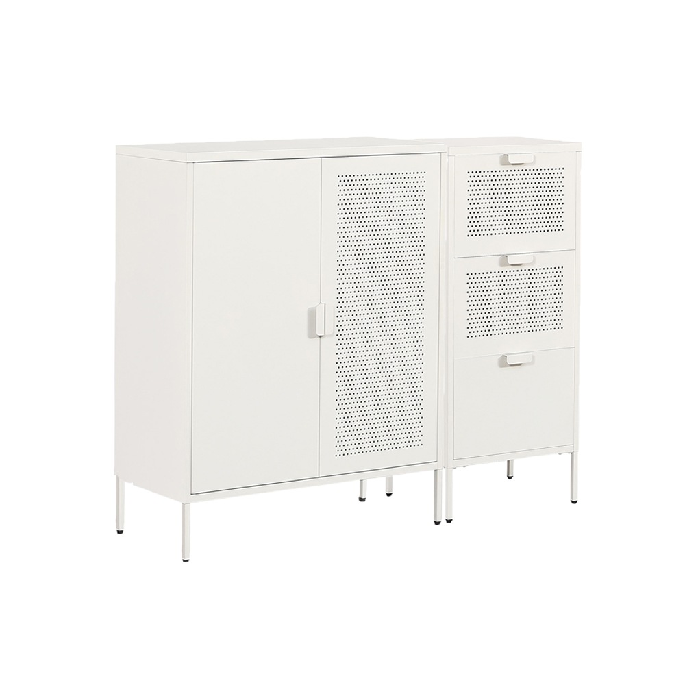 【2梱包-両開き+引き出し3杯 】キャビネット スチール 両開き+引き出し3杯 サイドボード ドア付き 可動棚付き メタル 金属製 おしゃれ リビング モダン 棚 スチールチェスト 書類 韓国インテリ