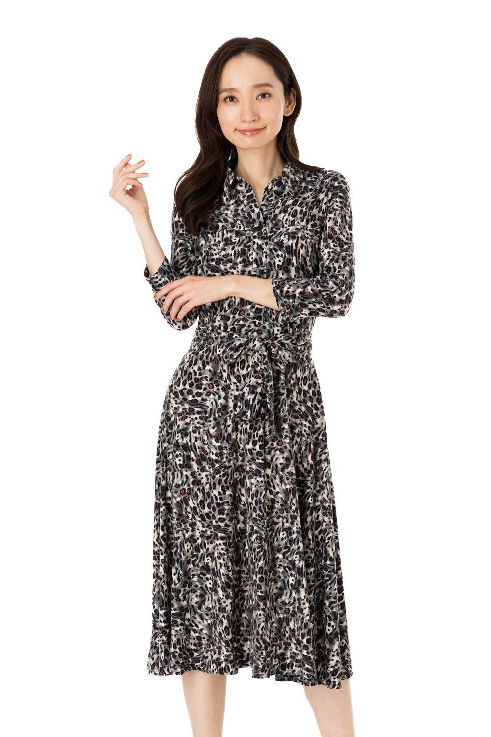 エジェリワンピース EGERIEワンピース T1 T2 T3サイズ 七分袖 ミモレ丈ワンピース 豹柄 襟 インポートワンピース グレー