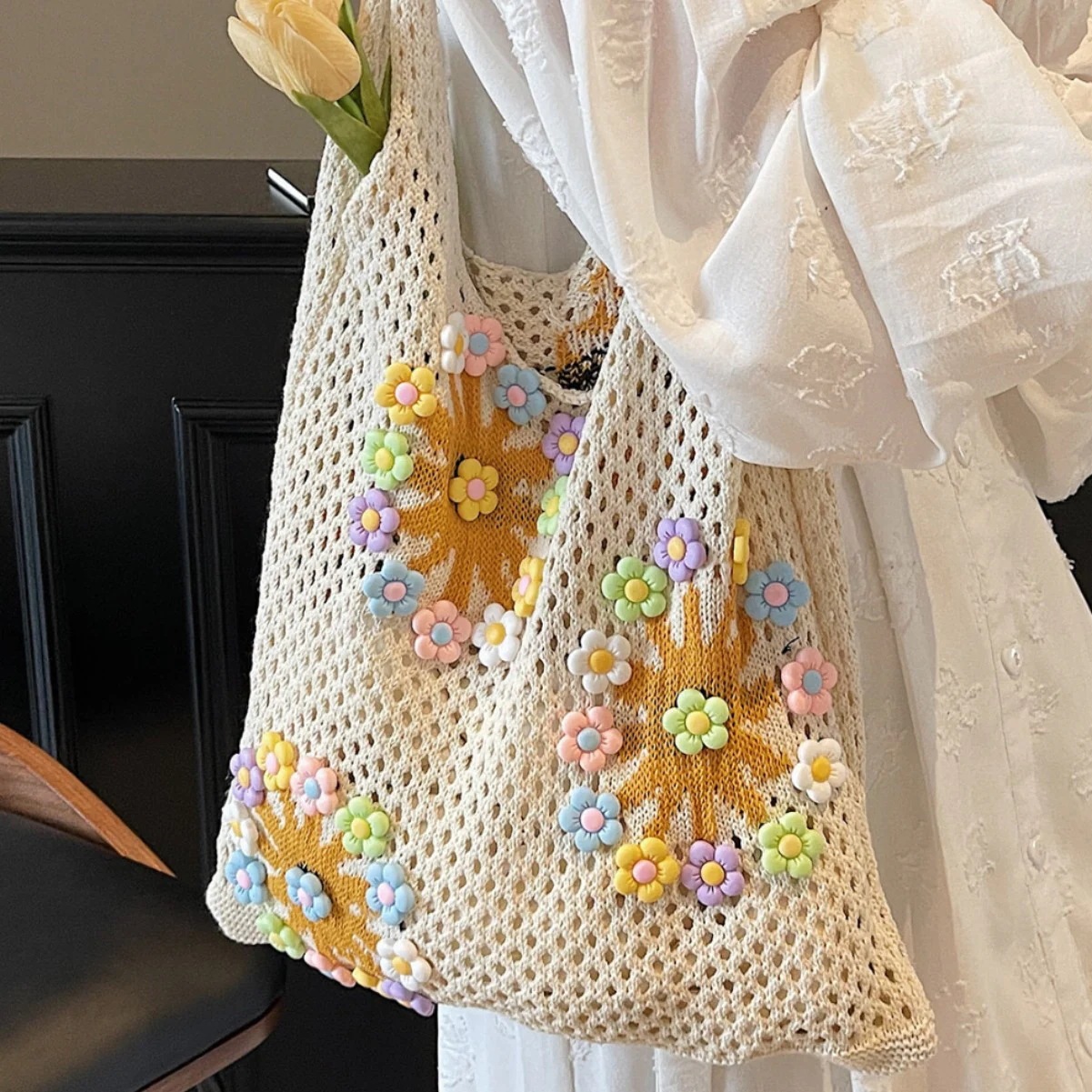 【20点セット】メガ割ショルダーバッグ マイエコバッグ探し 夏の新しいカットアウトニットバッグ女性大容量ビーチの休日ショルダーバッグ