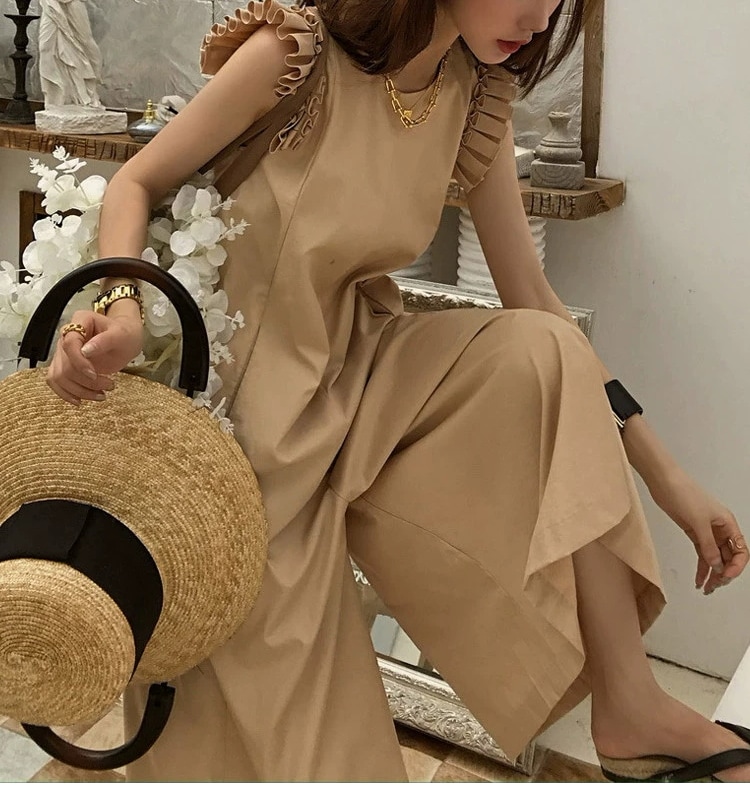 レディース パンツ つなぎ オールインワン ワイドパンツ クロップド丈 ショルダーフリル ラウンドネック ワイド 裾ワイド かわいい 大人可愛い きれいめ シンプル 上品 おしゃれ こなれ感